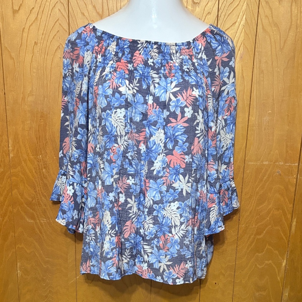 Counterparts Floral Off-Shoulder Blouse - Blue and Coral